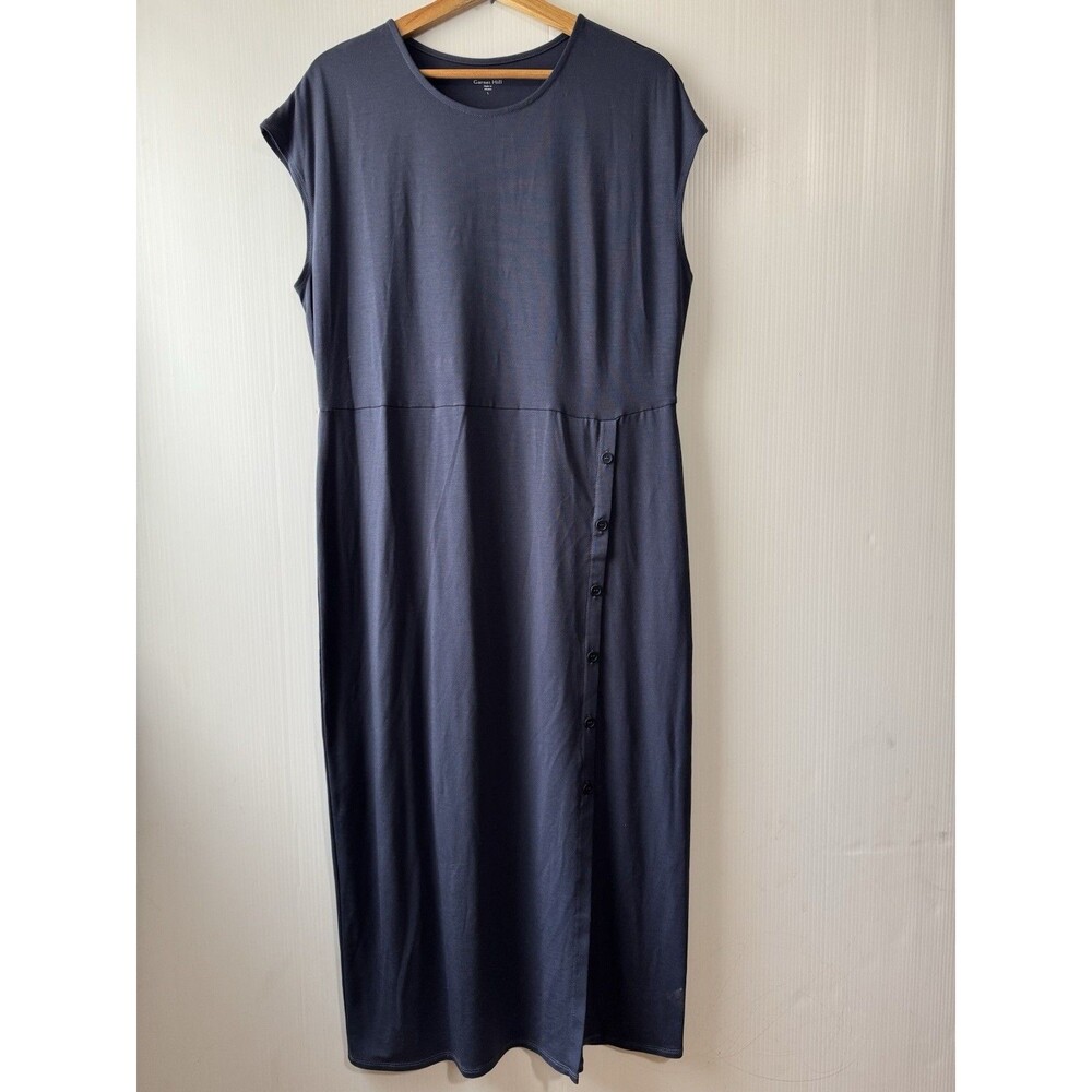 Garnet Hill Classic Navy Cap Sleeve Knit Column Tencel Blend Midi Dress L Womens